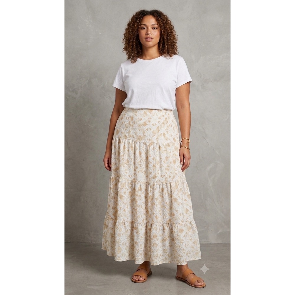 Peace Love World Boheme Collection Tiered Midi Skirt Tan White Ikat A643862 1XP